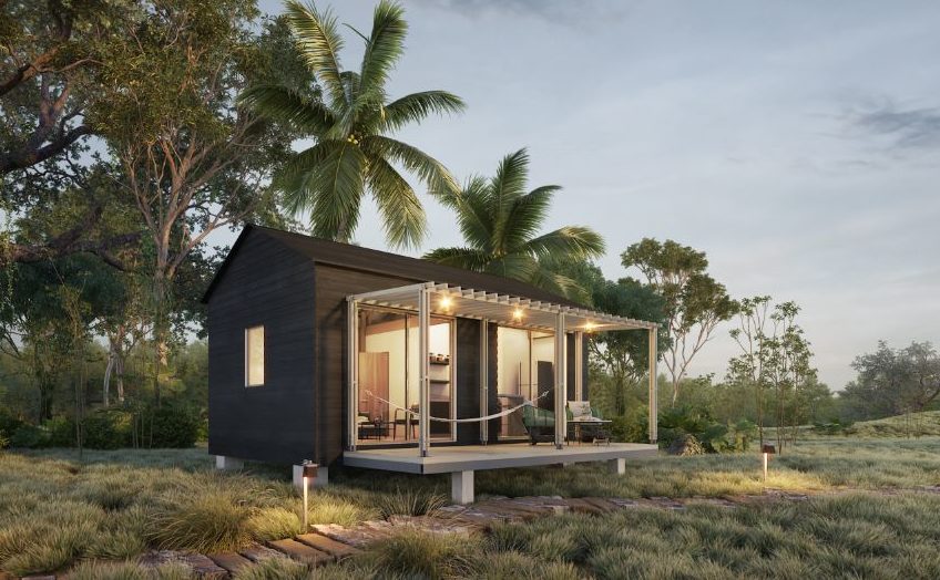 Casa tiny prefabricada render con escenario en playa