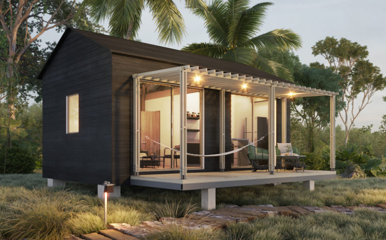 Casa tiny prefabricada de madera render con escenario en playa