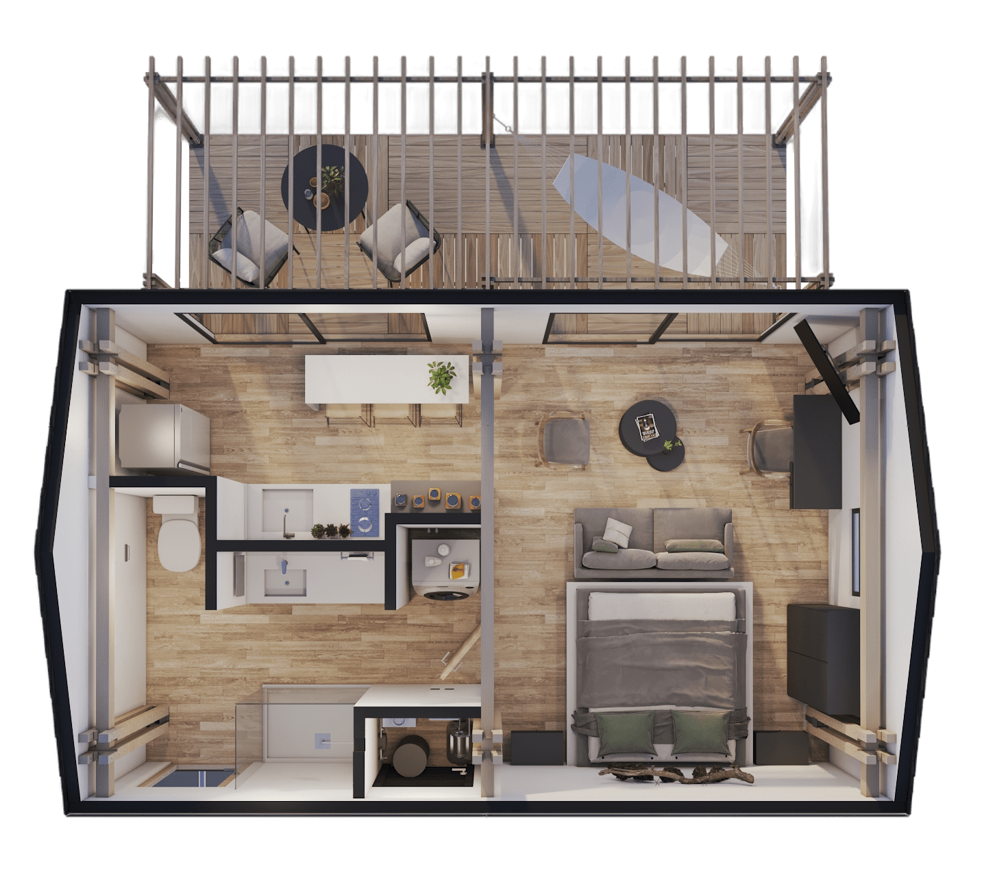 Plano arquitectonico casa tiny prefabricada de madera con terraza de madera, cocineta, WC, regadera, lavamanos, espacio para centro de lavado