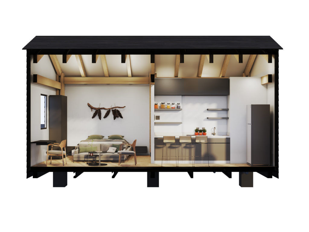 Vista de recamara de casa tiny prefabricada. Cocineta completa con parrilla dos quemadores y refrigerador