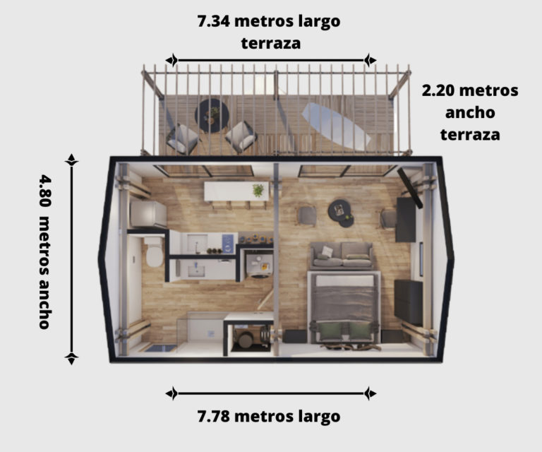 Casa Tiny Render recamara cocineta y baño