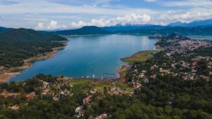 Valle de bravo lake view in Mexico, a beautiful lake with a pictureque lakeside town